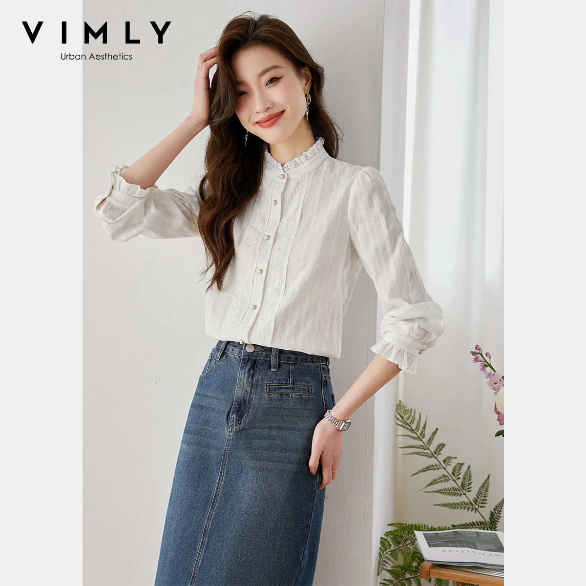 

VIMLY, французские рубашки с воротником-стойкой, женские осенние 2023, новые блузки с рюшами и вышивкой, однотонные женские топы с длинными рукавами V7990