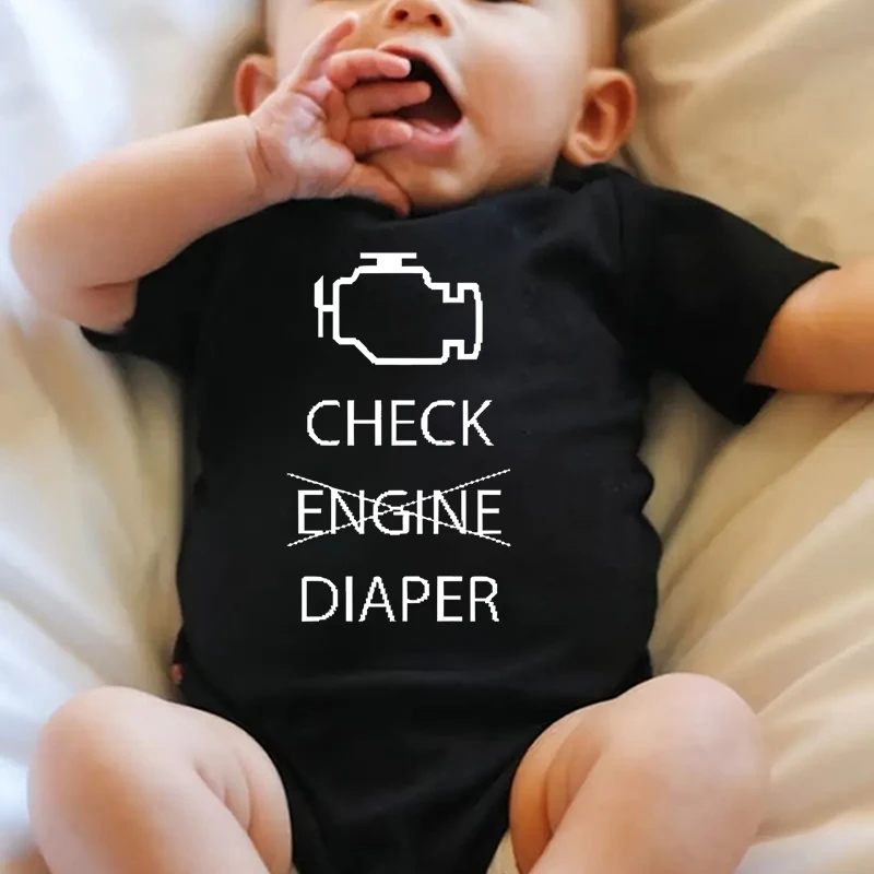 Funny Engine Baby Girl Boy Clothes Bodysuits Check Diaper Print Fashion Autumn Newborn Onesies Short Sleeve Cotton Jumpsuits
