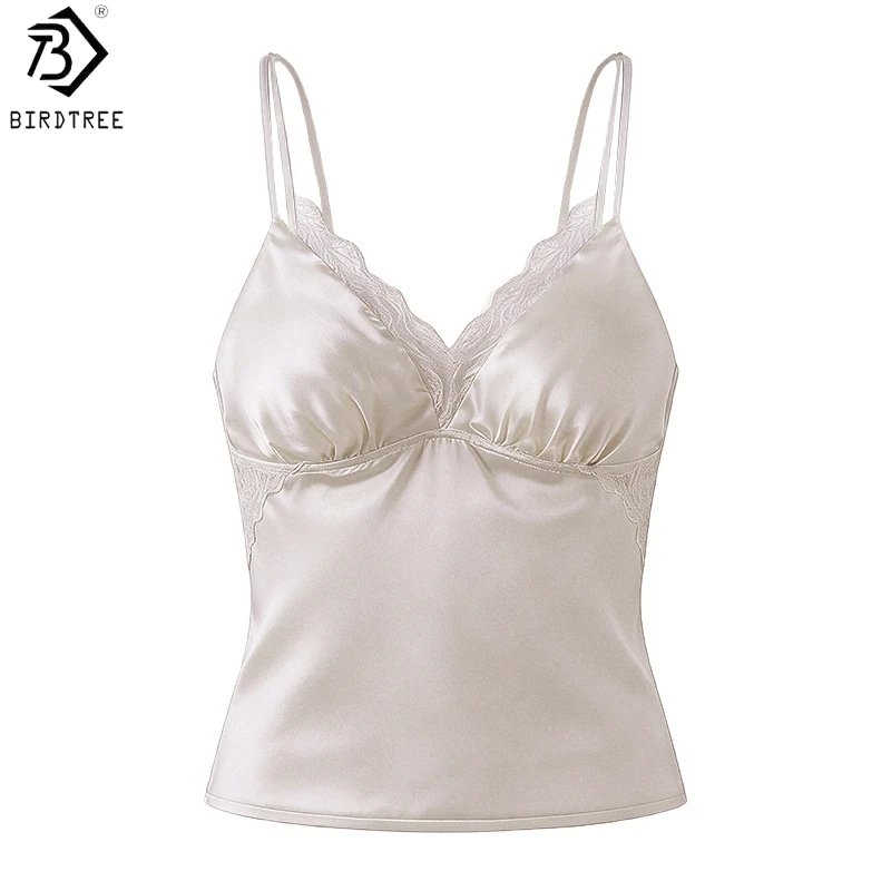 Birdtree, 93% Real Silk 7% Spandex Tank Top, with Built In Bra Vest, Women's Solid Lace Sling Tops, 2026 Spring New T61910JF