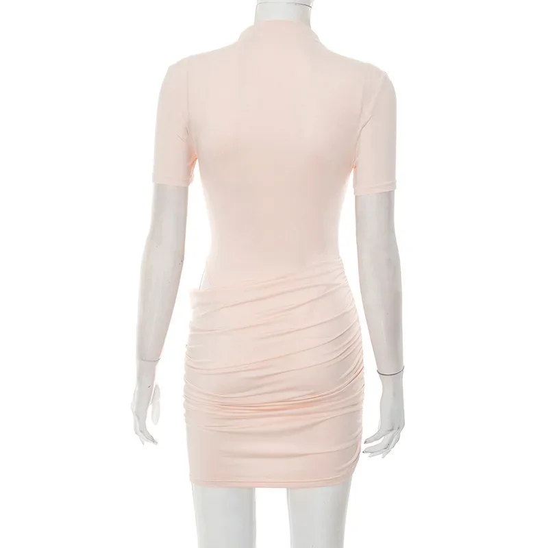 Scava Fuori Y2K Streetwear Aderente Increspato Donne Mini Abito Vestito Autunno Inverno Manica Corta Collo Mock Abiti Vestido Party Club