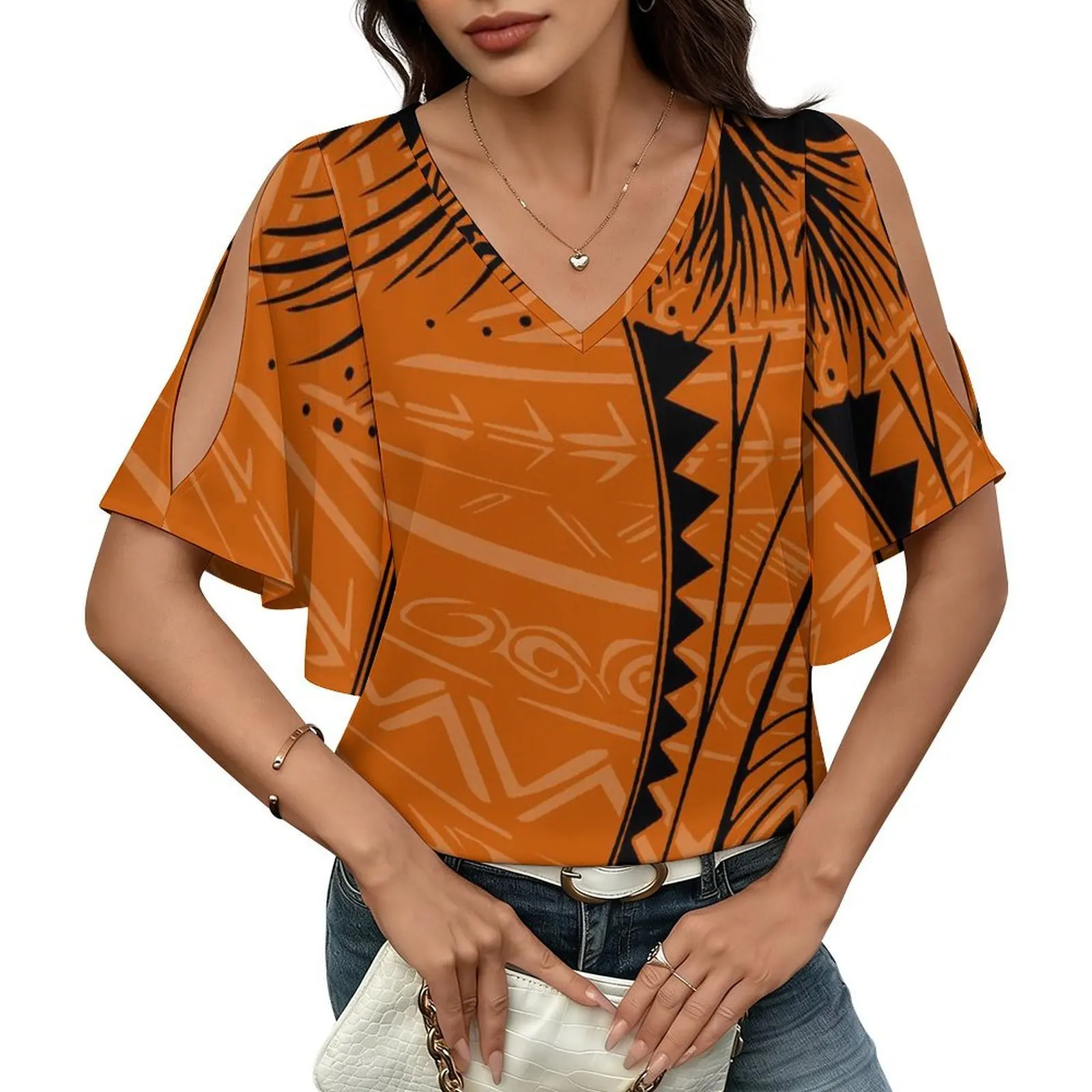 

Высококачественная комфортная женская футболка с V-образным вырезом, рукавами-листочками и открытым дизайном в полинезийском стиле, с индивидуальным цветочным принтом, повседневная