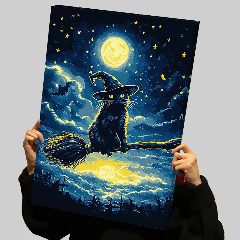 أسود القط الساحرة على مكنسة هالوين الرعب يطبع المشارك مخصص حائط لوح رسم الفن غرفة زينة ديكور صورة المنزل