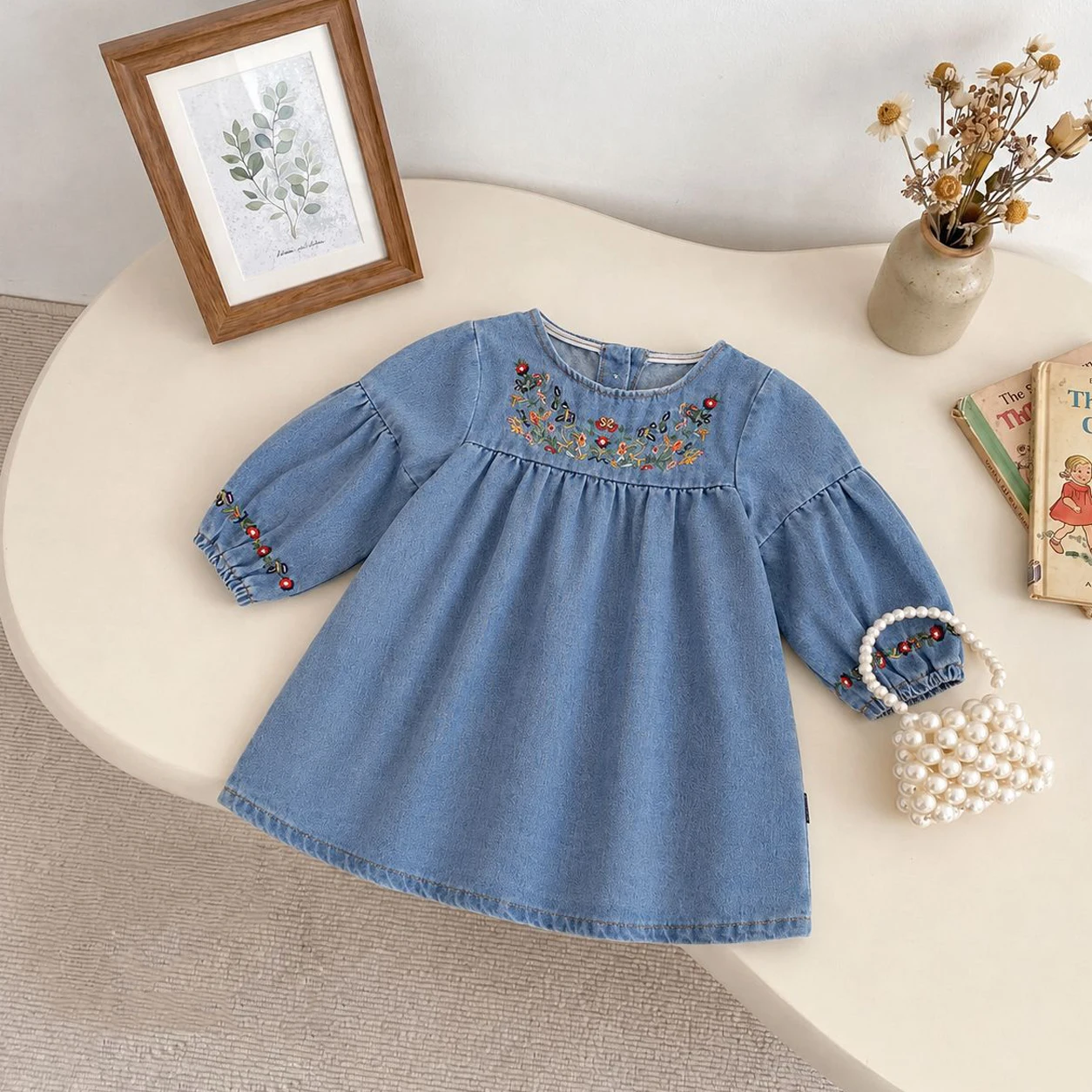 Autumn Girls Long Sleeve Dress Flower Embroidered Round Neck Princess Dresses Korean A-line Loose Soft Cotton Dresses
