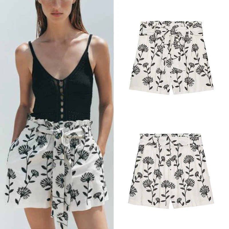 Ele bestickte Papiertüte, Taille, lässig, Orts, Damen, Faion, Sommer 2022, hohe Taille, gerades Bein, Polyesterfaser