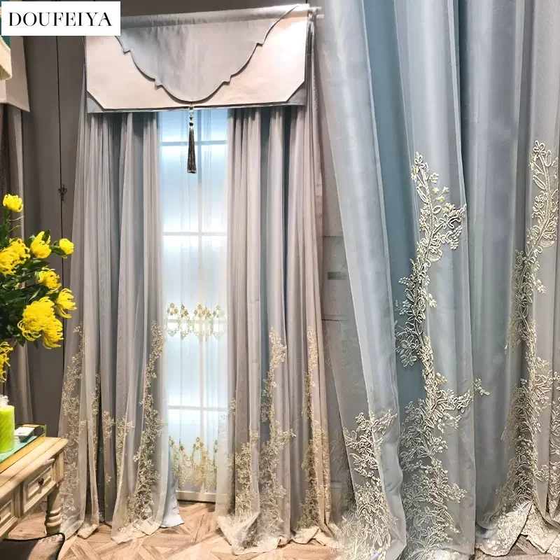 

European Luxury Embroidered Princess Double Layer Tulle Curtain for Living Room Bedroom Dining Blackout Window sheer Valance