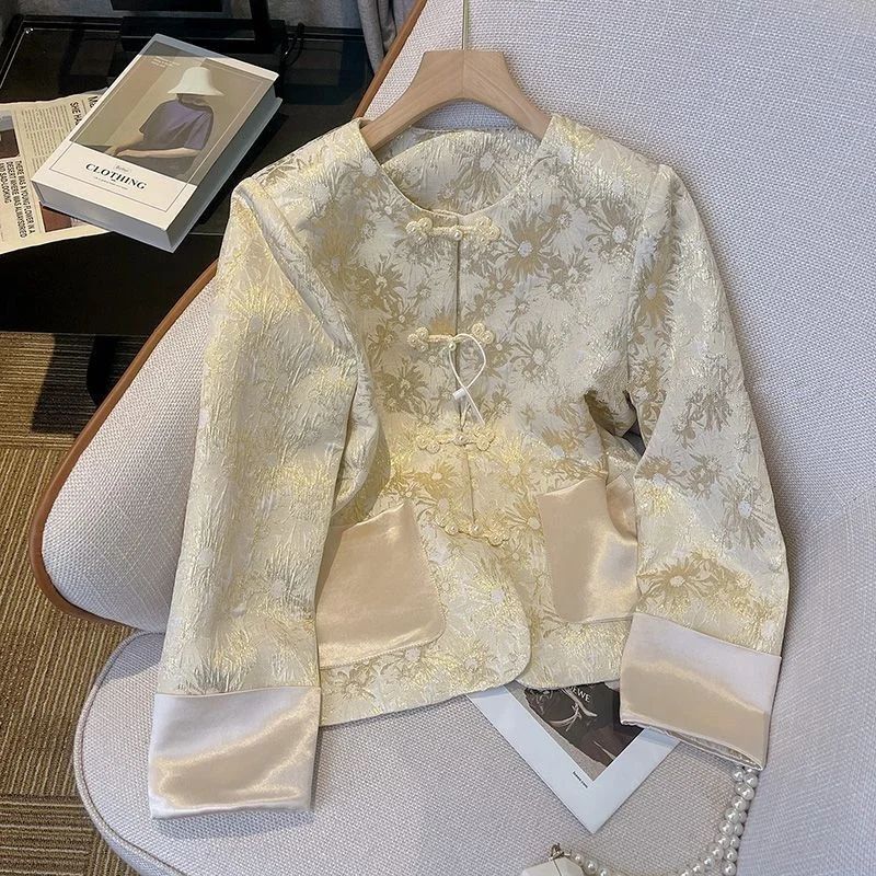

New Chinese Style Embroidered Short Jacket Women's Outerwear Buttoned Tang Costume Top Fashionable Commute Loose Fit Long Sleeve
