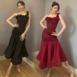 Flower Strap Bodysuit Skirt Ballroom Dance Clothes Women Prom Waltz Tango Performance Costume Black Ballroom Dance Dress BL8925