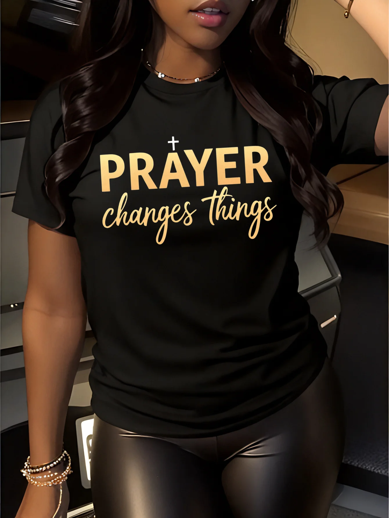 

Women's 200g Cotton T-Shirt with Prayer Changes Things Print & Golden Cross Design - Soft Breathable Round Neck Casual Tee
