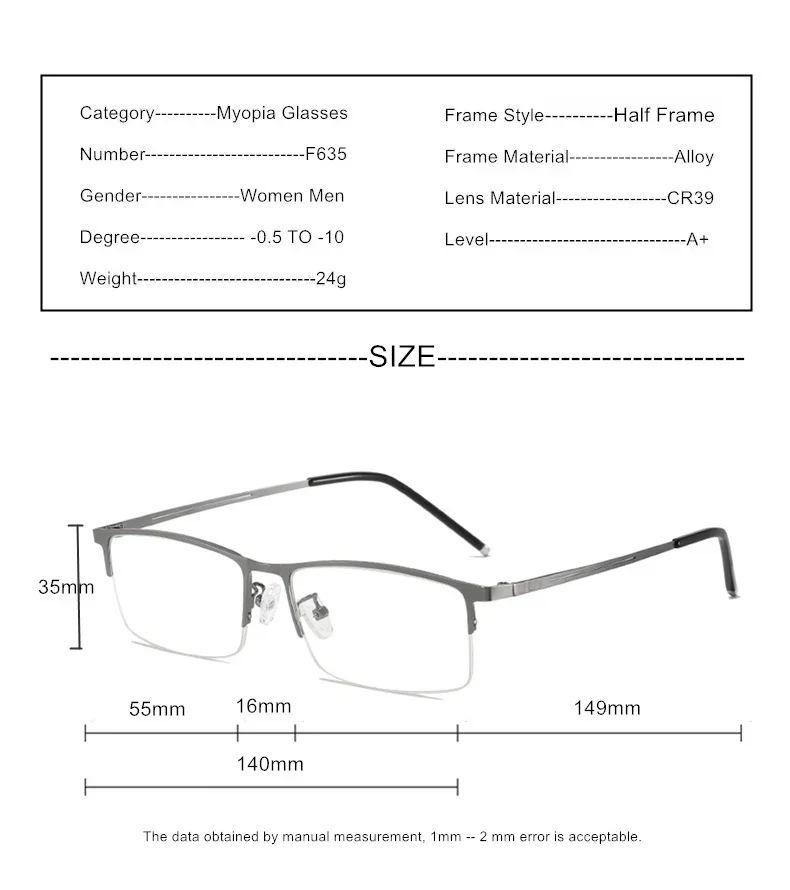Premium Titan Halbrand-Brille nach Rezept Herren Damen Sphäre -0.5 bis -10 Zylinder -0.5 bis -2.0 photochrome Gläser oder Blaulichtfilter F635 – Detail 11