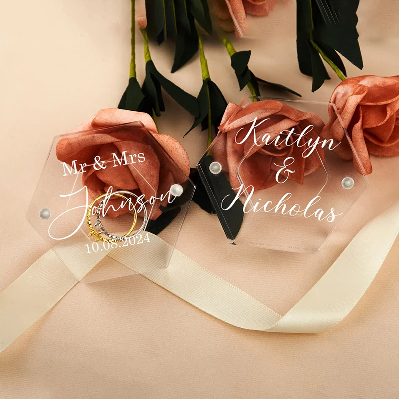 Boîte à bagues en acrylique de mariage personnalisée, boîte à bagues hexagonale transparente avec gravure au Laser, porte-anneau moderne personnalisé, cadeaux d'anniversaire