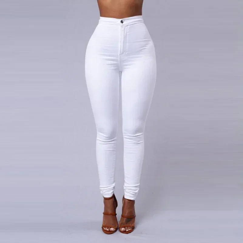 Cor sólida calças de brim magros mulher branco preto cintura alta render jeans vintage sexy calças compridas femme casual lápis calças jeans