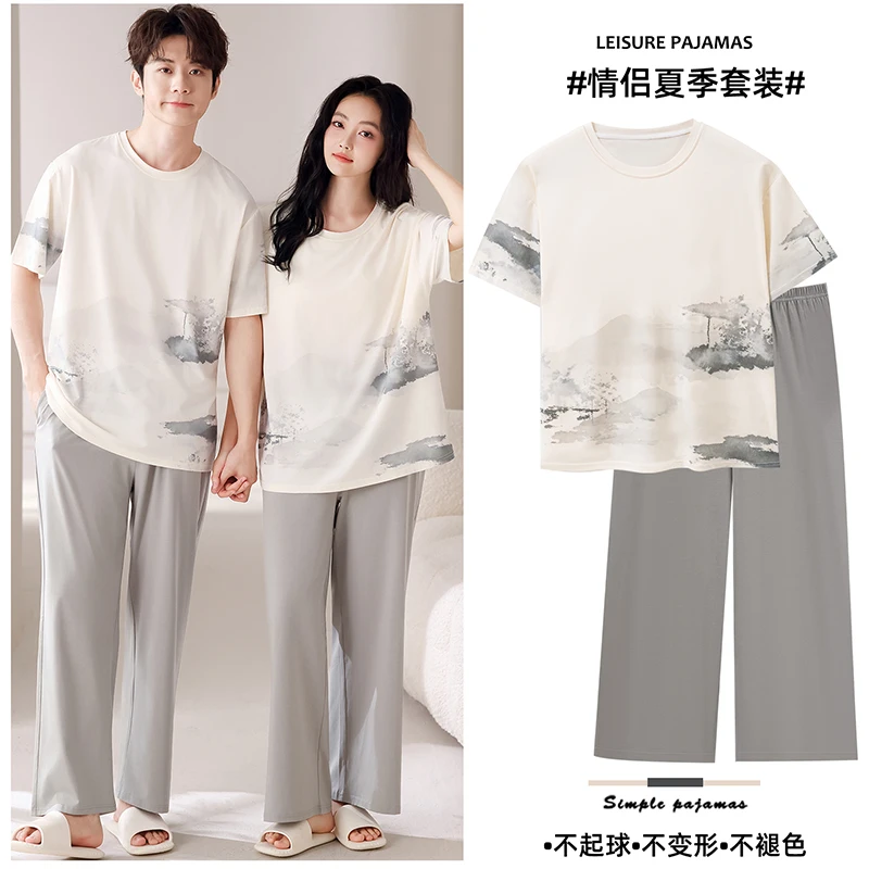 

High Quality Summer Couple Pajama Set Men and Women 100% Cotton Casual Short Sleeve Pyjamas With Chest Pad