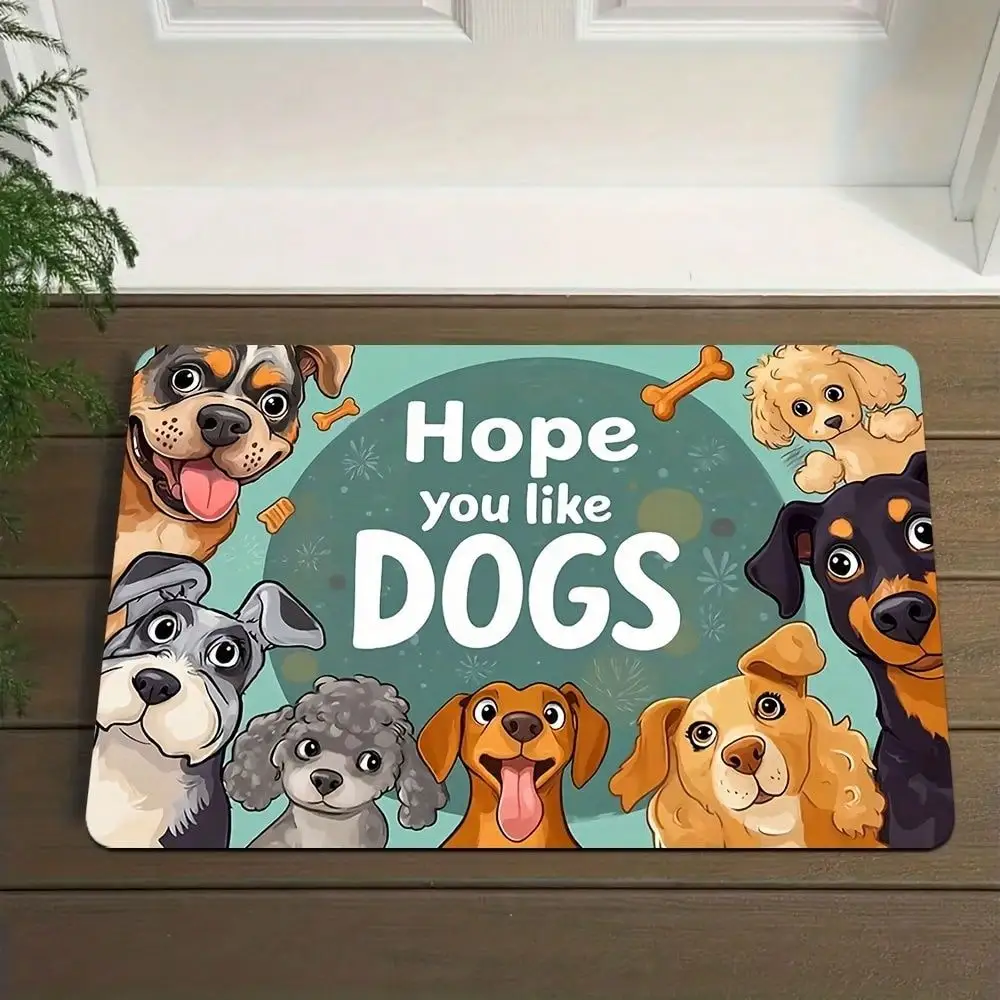 A Charming Dog-Themed Doormat Made Of 0.47-Inch Thick Flannel, Featuring A Paw Print Non-Slip Design. This Comfortable Mat Is Machine Washable And Suitable For