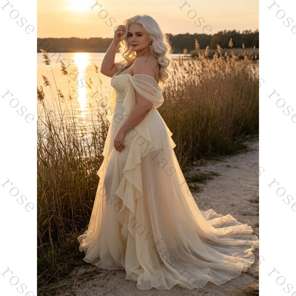Customized Off Shoulder Chiffon Wedding Dress 2026 New Elegant Ruffle Edges Transparent Mermaid Bridal Gown Suitable for Luxury