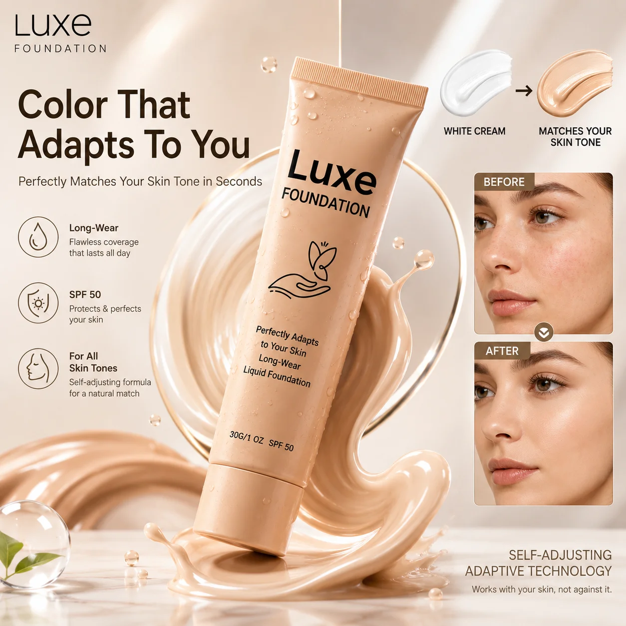 Base Líquida com Mudança de Cor SPF 50, Ajuste Automático de Tom, Longa Duração, Hidratante, Corretivo, Base de Maquiagem