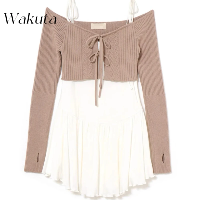 WAKUTA Japanese Sweet Strapless Off Shoulder Long Sleeve Knitted Tops Slimming Camisole Style Irregular Dresses Y2k 2-piece Sets