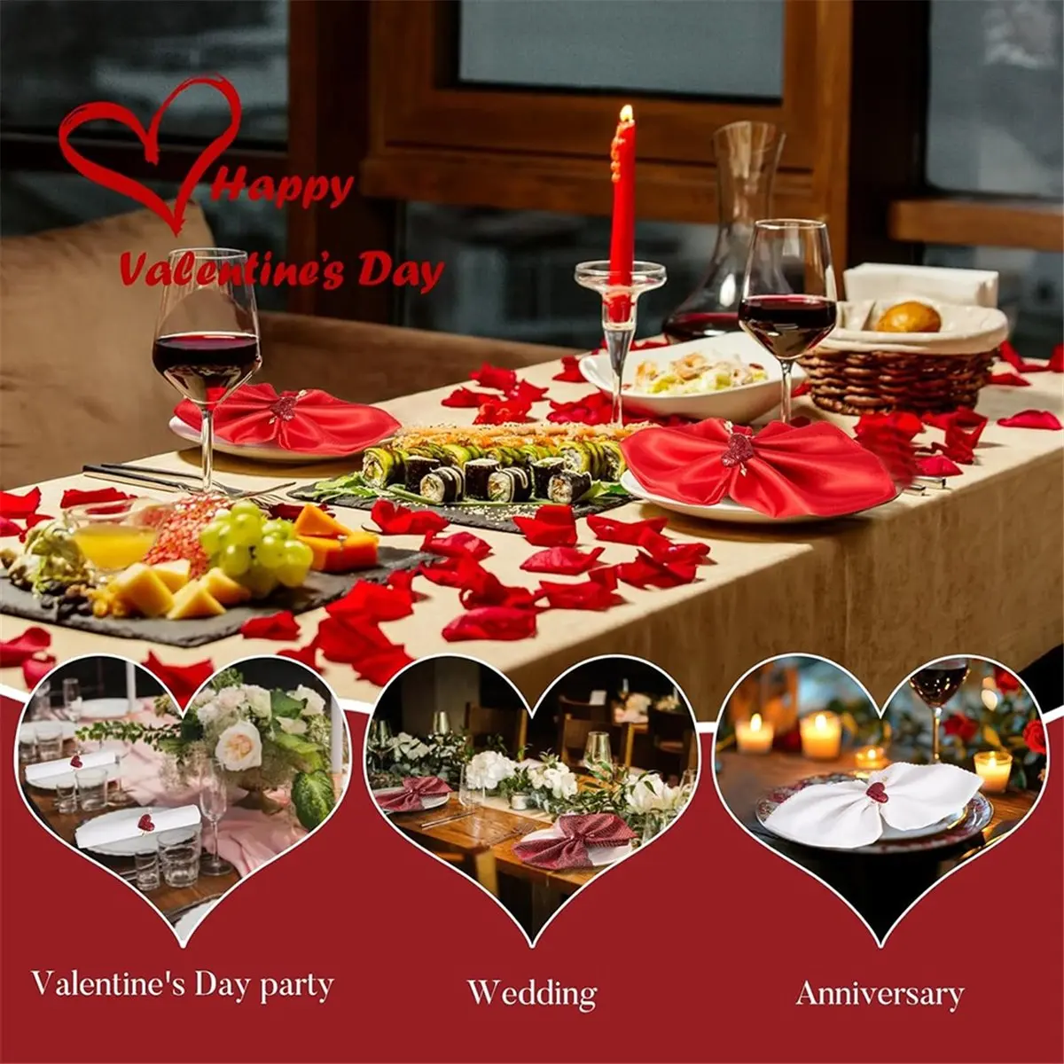 A24I 6PCS Valentine Heart Napkin Rings Red and Gold Heart Napkin Holder for Valentine'S Day Wedding Table Decor