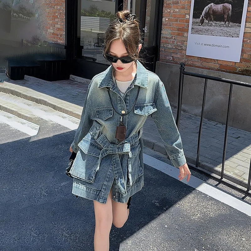 Girls' Denim Jacket Autumn New 2024 Children's Korean Version Belt Trendy Style Top Girls' Fashionable Denim Clothing 5-14 T