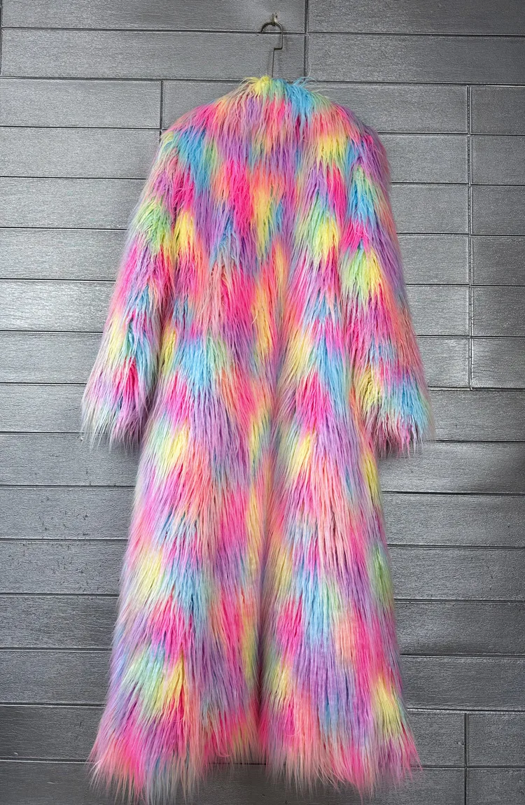 DEAT 2026 Winter New Items Imitation Colorful Long Coat For Women Faux Fur Suit Collar Long Sleeve Trench Jacket Female 11A05577
