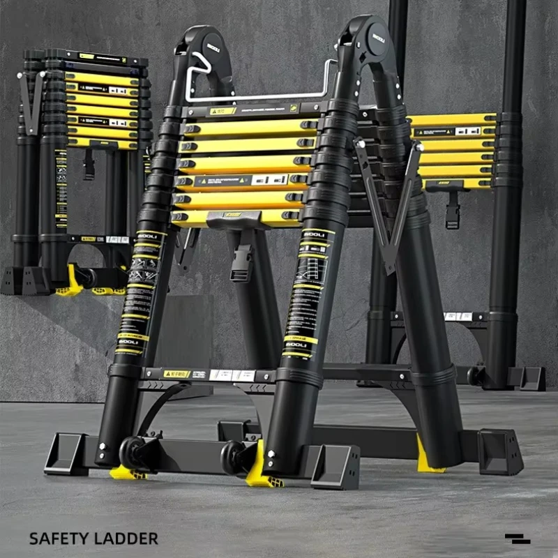 New black yellow aluminum alloy multifunctional telescopic ladder, double-sided balance bar folding ladder, straight ladder