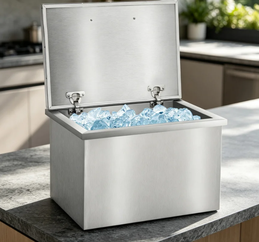 20''×14''×13'' Drop‑in Ice Chest, 45QT Stainless Steel Insulated Ice Cooler with Hinged Flip Lid & Drain Kit for Outdoor Kitchen