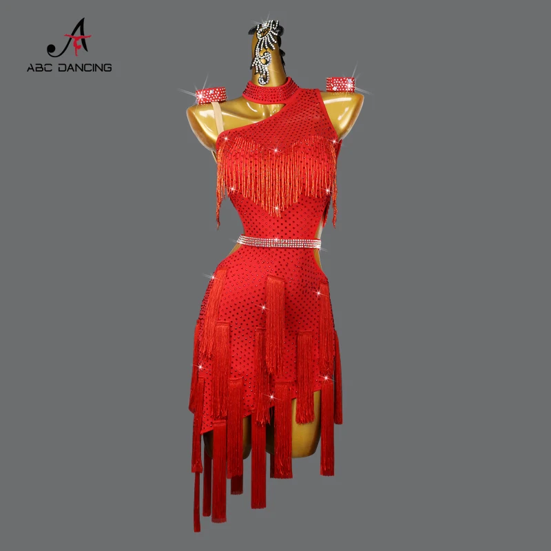 Traje de dança latino vermelho com pendão para mulheres, roupas de competição de samba, saia sexy feminina, festa esportiva para adultos, novo