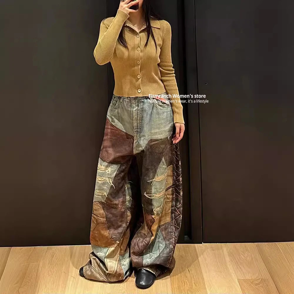 Firmranch 2024 Retro Mud Dyed Printed Dirty Jeans For Women Vintage Side Lacing Up Design Wide Leg Worn Flared Denim Pants