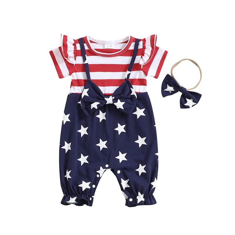 

Newborn Baby Girl 4th Of July Outfit Ruffle Short Sleeve Stars Stripes Romper Jumpsuit With Headband