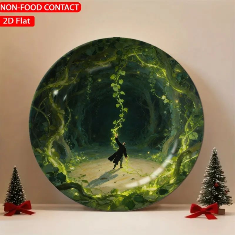 1pc Magical Forest Green Ceramic Plate Non-Food Contact, Home Desk Ornaments, Living Room And Bedroom Decorations, Suitable for