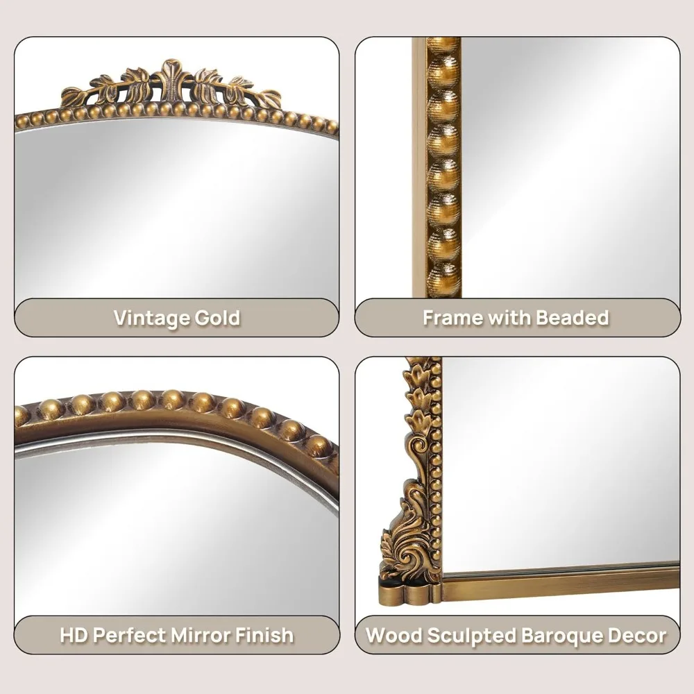 Elegant Baroque Style Arched Mirror with Antique Brass Frame, 24x32, Ideal for Entryways, Fireplaces, Living Rooms