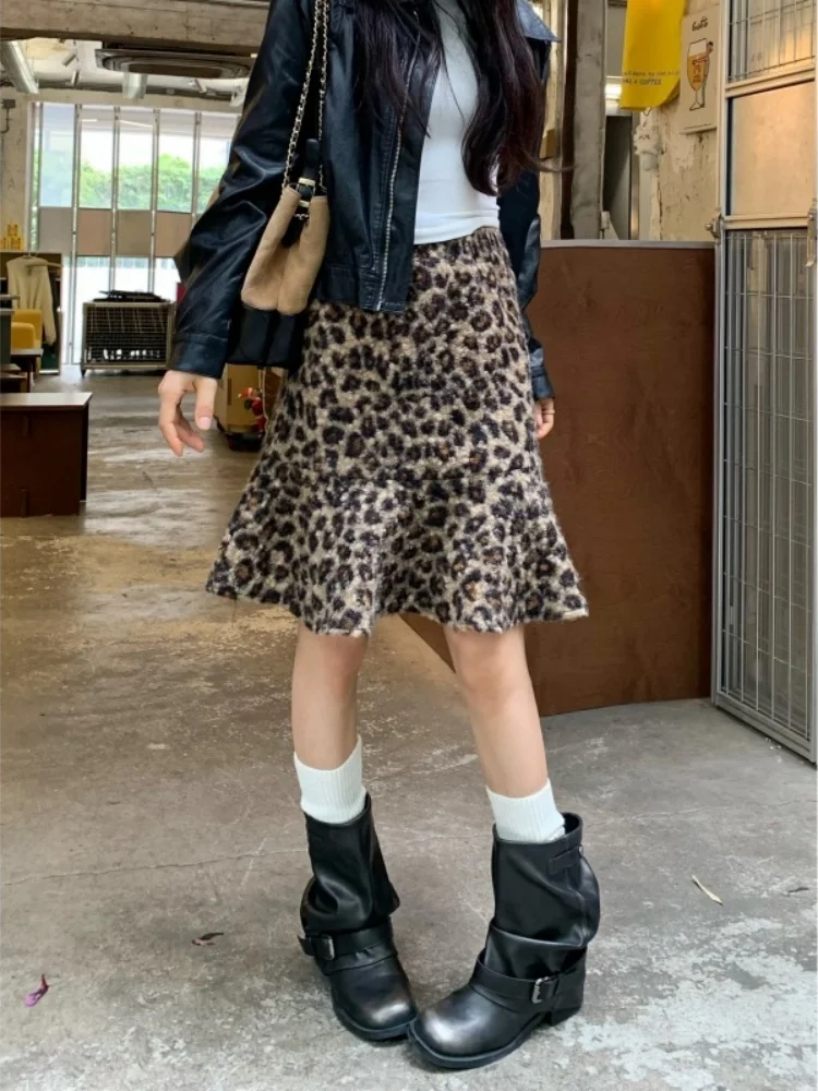 

Модная женская зимняя юбка с леопардовым принтом и высокой талией, повседневная, свободного кроя, А-силуэт
