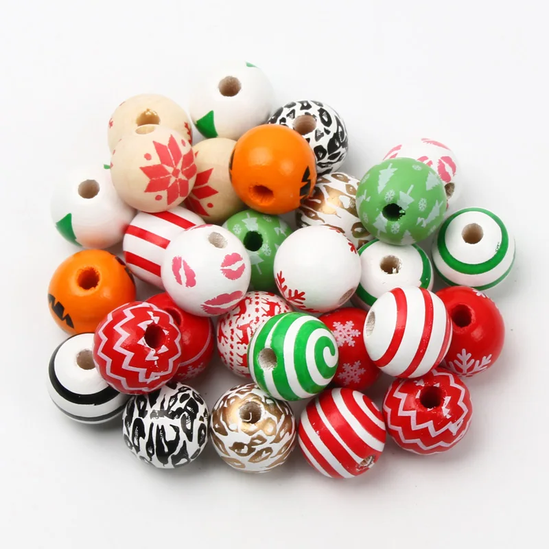 Round Balls Red Green Wooden Beads 15mm Cartoon Tree Letter Pattern Halloween Christmas Beads For Jewelry Making DIY Accessories