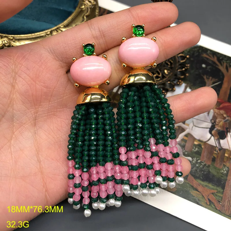 

Женские классические ретро длинные стеклянные серьги с кисточками и розовым камнем