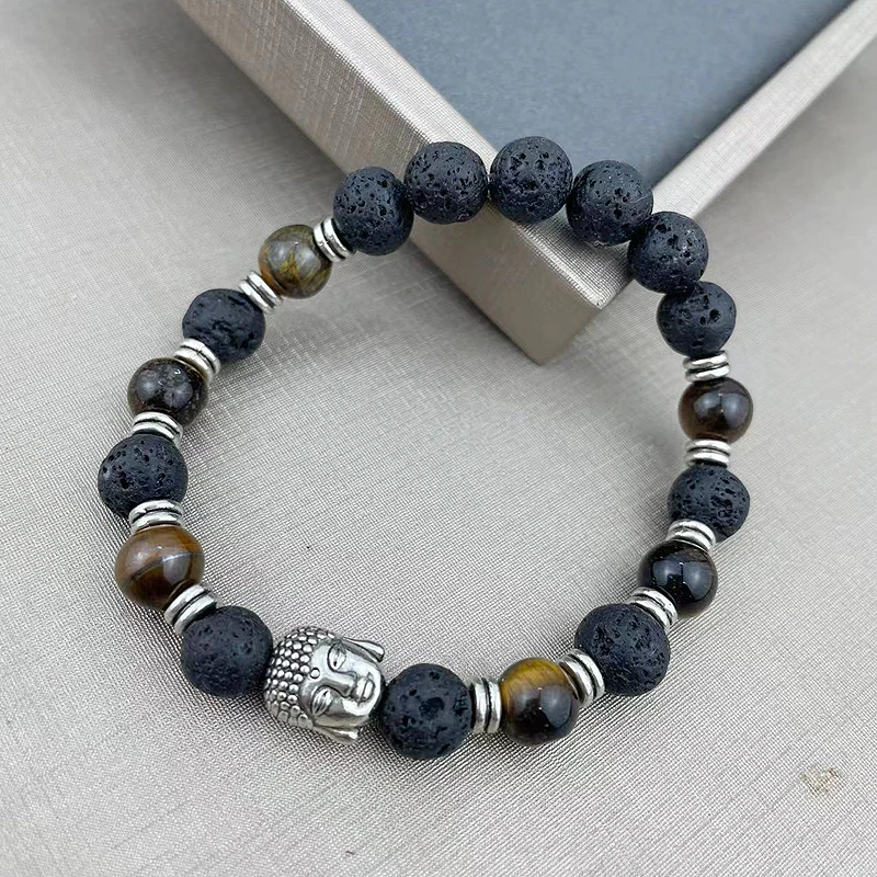 official-website tiki 2 rupee item Ancient Tiger Eyes Volcanic Lava Buddha Head Yoga Bracelet Black Lava Buddha Pulsera Hombre