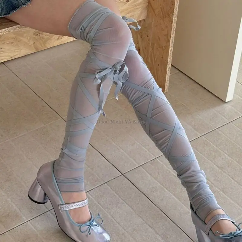 Women's See Through Mesh Thigh High Leg Warmers with Ribbon Straps Lightweight Leg Covers Footless Sheer Over Knee Socks