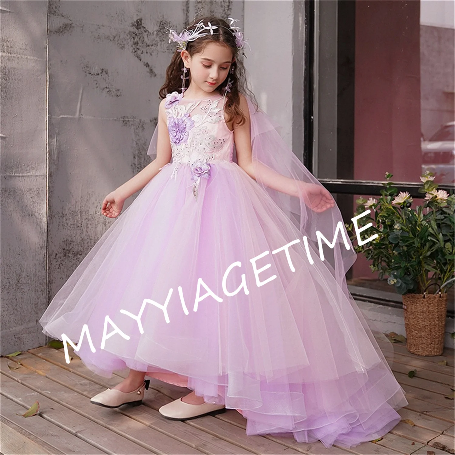 Flower Girl Dress Purple Fluffy Tulle Sleeveless Applique Wedding Noble Flower Children First Communion Celebration Kid Dress