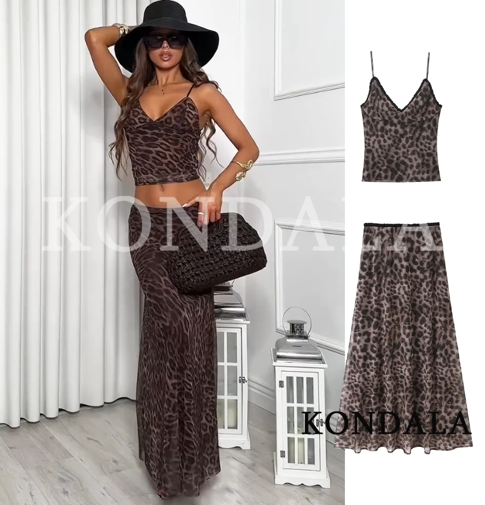 

KONDALA Trendy Leopard Mesh Tulle Skirt Set Women Elegant StreetStyle Holiday Y2K Set 2026 Summer Fashion Camisole, Midi Skirt