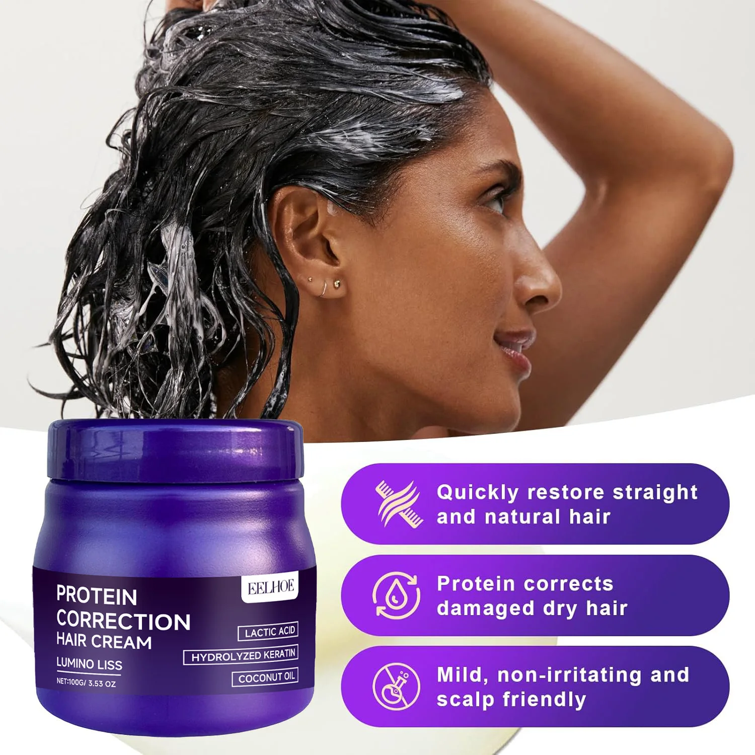 Keratin Protein Straightening Cream Smoothens Repairs Frizzy Hair Natural Salon-Straight Effect Anti-Frizz & Damage Control Care