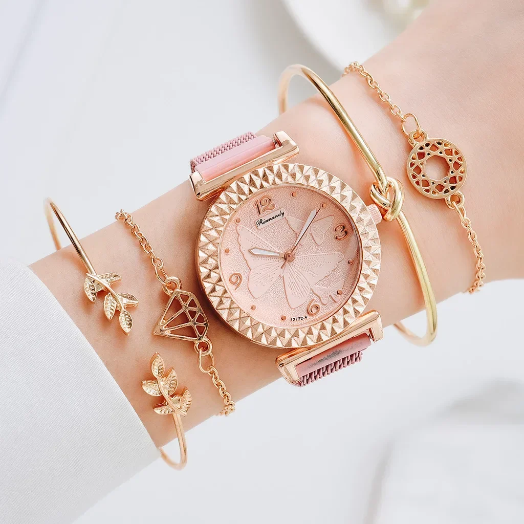 

5pcs Luxury Bracelet Watch Set Women Elegant Magnet Diamond Ladies Quartz Wrist Watch Dress Pink Clock Reloj Mujer