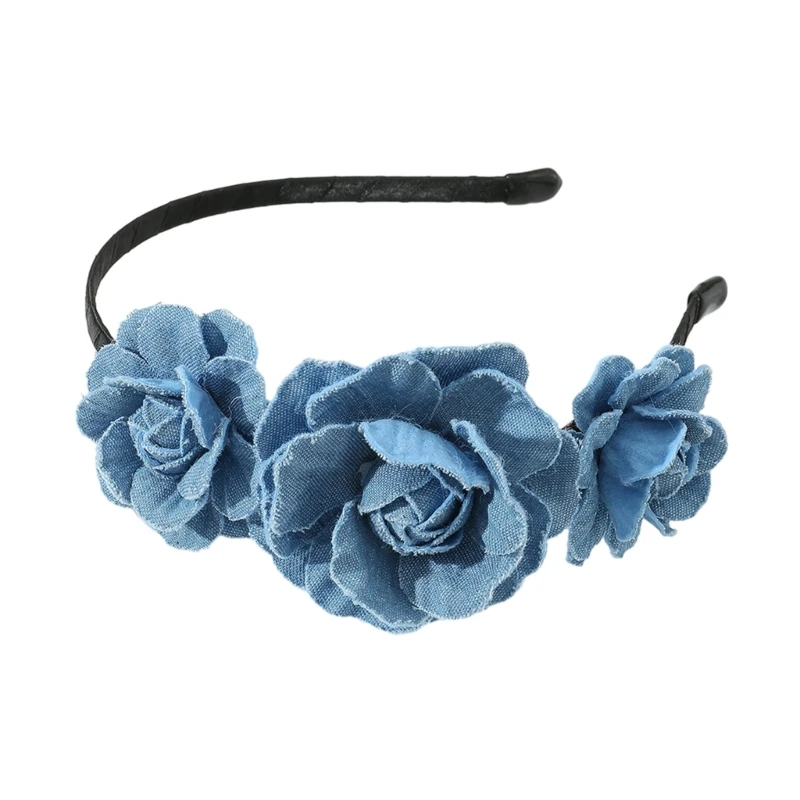 Sweet Headbands Washed-Denim Rose Headband Fashion Headwear Multipurpose Yoga Sports SPA Hair Hoop for Woman