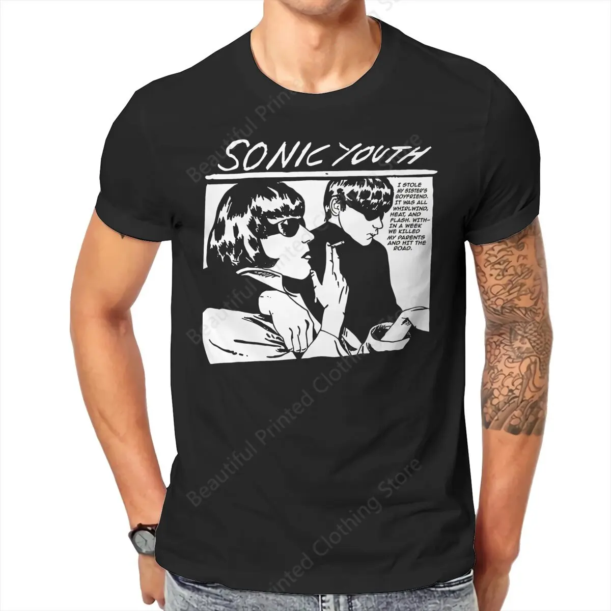 sonic youth Mens T-Shirt Music Band Humorous Funny Printing T-ShirtsO-Neck Breathable Tee Cotton Fun Tees