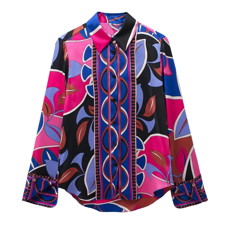 Woman Summer Elegant Blouses Top Female Streetwear Collared Shirt 2024 Print Button Up Shirt Women Vintage Long Sleeve