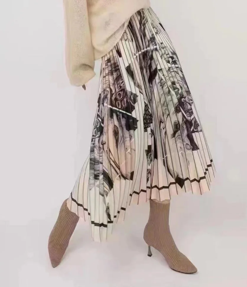 Fashion Ink Printed Long Skirts for WOmen 2023 Abstract Printing A-line Pleated Midi Skirt Drap Large Swing Umbrella Skirt