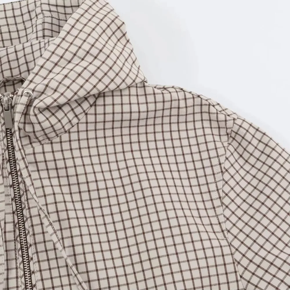 Damen Casual Trendige Frühling Herbst Karierte Jacke mit Kapuze und Reißverschluss-Taschen, Modische High-Street Coole Outfit-Jacke für Frauen – Detail 12