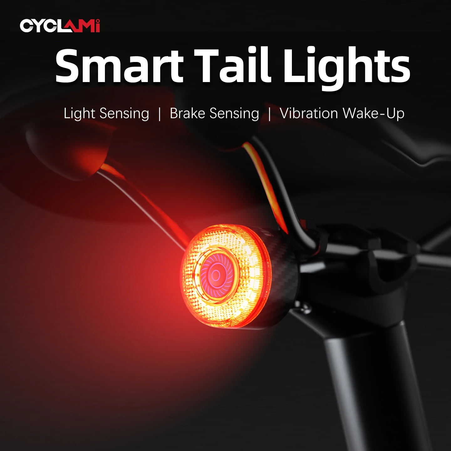 Feu arrière de vélo intelligent CYCLAMI à détection de freinage, démarrage/arrêt automatique, détection de vibrations, feu arrière en carbone