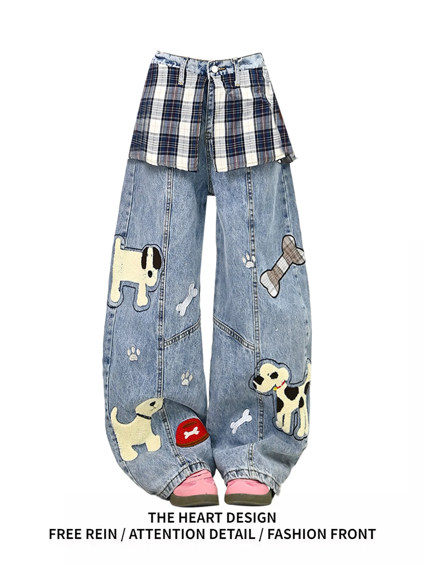 

Cartoon Embroidered Patchwork Denim Pants Women's Summer Design Layered Loose Wide Leg Pants High Waist Cotton Blend