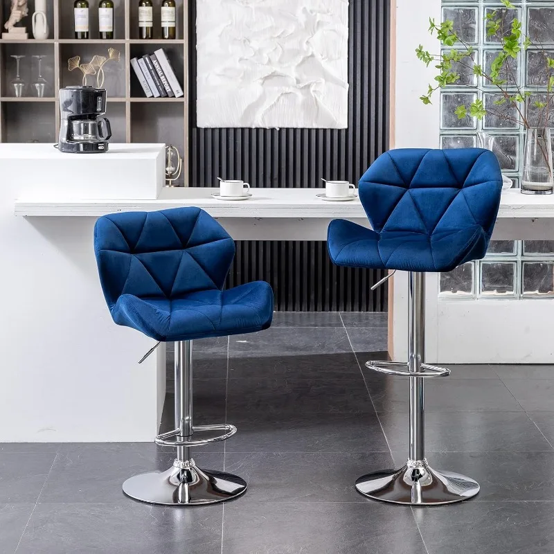 Velvet Diamond Tufted Swivel Adjustable Height Barstools, Set of 2, Blue