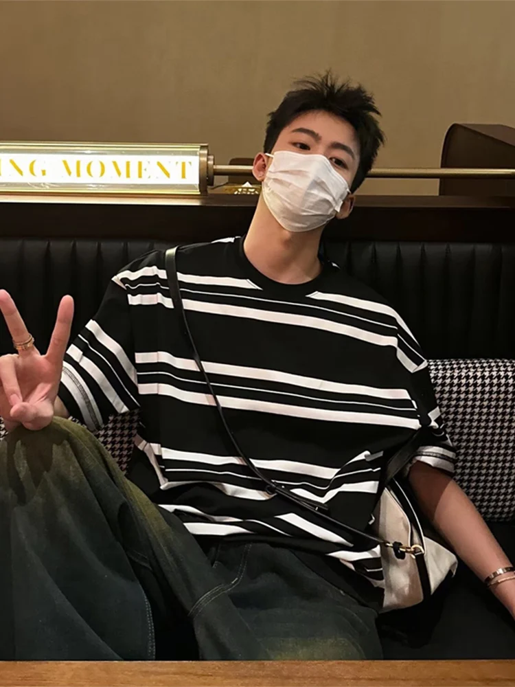 

Мужская футболка в стиле ретро с белыми полосками, летняя, с маленьким воротником, чистый крой, американский стиль, из чистого хлопка, плотная ткань...