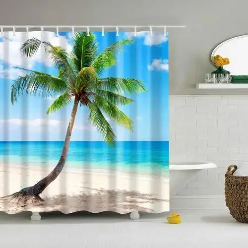 High Quality Sunny Beach Printed Fabric Shower Curtains Sea Scenery Bath Screen Waterproof Products Bathroom Decor with 12 Hooks