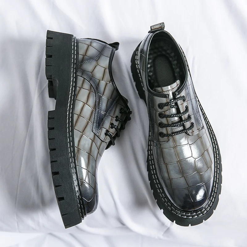 

Fashion Grey Dress Shoes Man Comfortable Low-Cut Platform Designer Men's Shoes Checkered Lace-up Leather Casual Shoes Men zapato